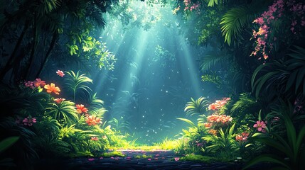 Obraz premium Lush Tropical Forest with Sunlight Filtering Through Trees, Vibrant Flowers in Bloom
