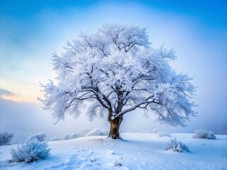 Fototapeta premium Lone Snowy Tree in Fog, Yakima Reservation - Macro Winter Landscape Photography