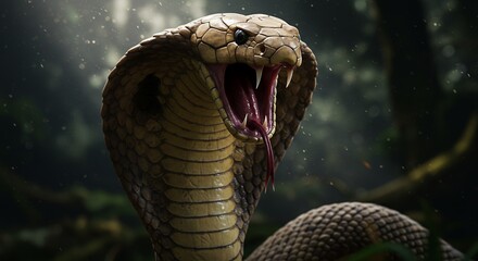 Aggressive king cobra poised to strike in a lush forest