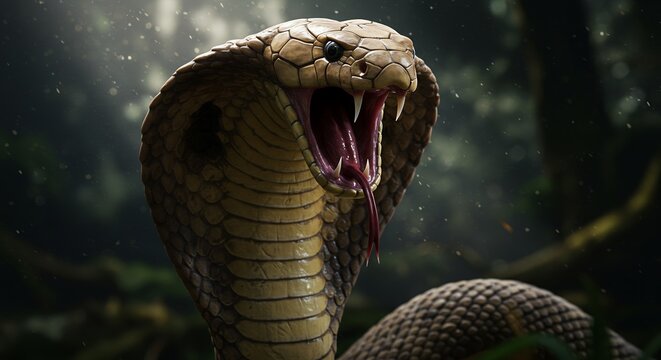 Aggressive king cobra poised to strike in a lush forest