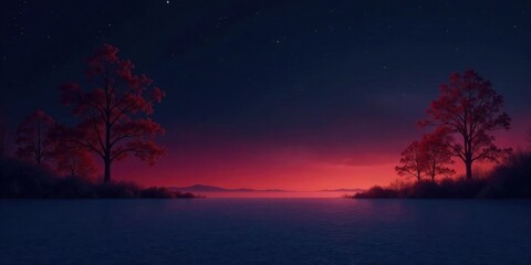 Fototapeta premium Serene Night Scene with Silhouetted Trees by a Still Lake Under a Crimson Sky