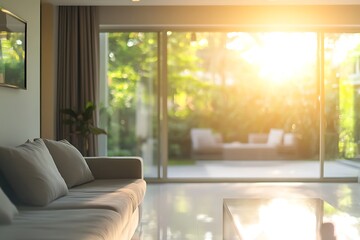 Fototapeta premium Living room interior with a white sofa and a window overlooking the garden
