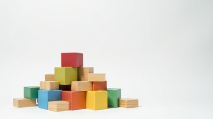 Obraz premium Colorful Wooden Blocks Arranged in a Pyramid Shape on White Background
