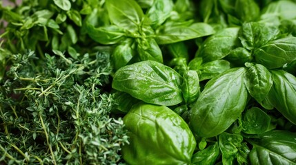 Fototapeta premium Fresh Basil and Thyme Leaves on Wooden Surface for Cooking and Gardening
