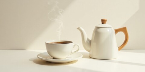 Aromatic Steam Rising from a Cup of Coffee Beside a Teapot
