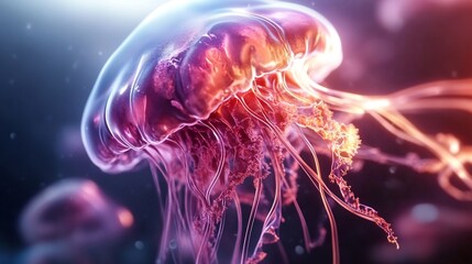 Elegant ethereal jellyfish floating in deep ocean with stunning bioluminescence