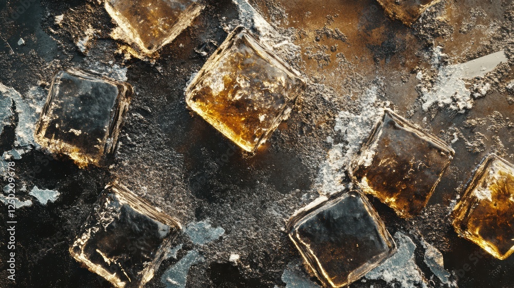 Poster close-up view of melting ice cubes on a dark surface with texture