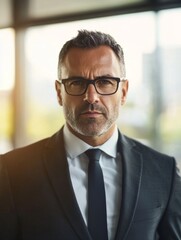 Fototapeta premium A confident and authoritative Business CEO, dressed in a formal suit, stands with a serious expression, embodying the essence of leadership and decision-making in a corporate setting, 