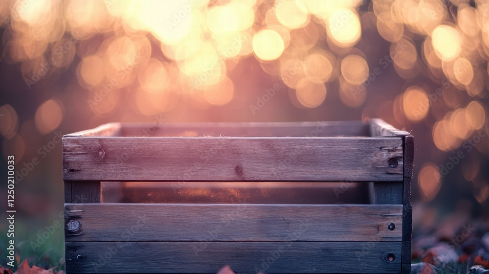 Poster rustic wooden crate with soft bokeh background in autumn sunset light