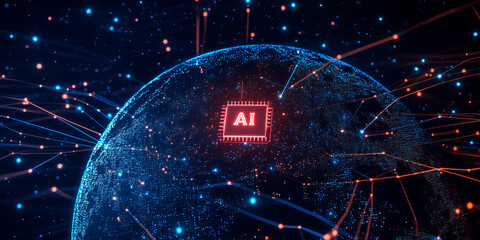 Glowing Earth with blue and red network lines on a black background. A red AI microchip shines at the center, symbolizing global technological progress.