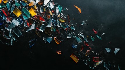 Colorful Glass Fragments Scatter Across a Dark Background Surface