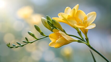 Golden Freesia Bloom: Delicate yellow freesias in full bloom, their petals softly catching the sunlight.  A gentle, ethereal beauty unfolds in this close-up shot.