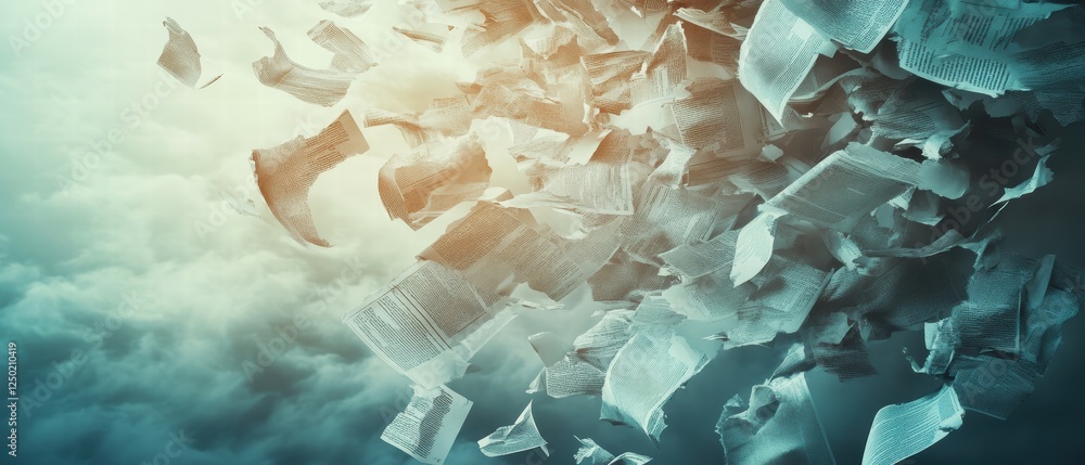 Poster abstract representation of paper sheets creating a cloud of thoughts