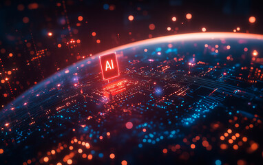 Glowing Earth with blue and red network lines on a black background. A red AI microchip shines at the center, symbolizing global technological progress.