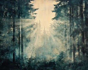 Moody Forest Scene with Sun Rays and Grunge Texture