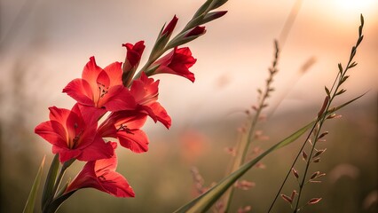 Red Gladiolus at Sunset: A delicate cluster of vibrant red gladiolus blooms against a backdrop of soft, golden light, casting a romantic glow on the natural beauty of the scene.