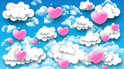 Whimsical Clouds with Pink Hearts in a Bright Blue Sky Background