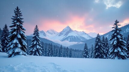 Fototapeta premium Serene Winter Landscape Snow-Covered Evergreens and Majestic Mountains at Dawn