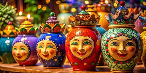 Fototapeta premium Low Light Artistic Ceramic Vases with Smiling Faces Home Decor