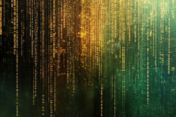 Abstract Matrix with Green and Gold Digital Code Representing Technology and Data Flow