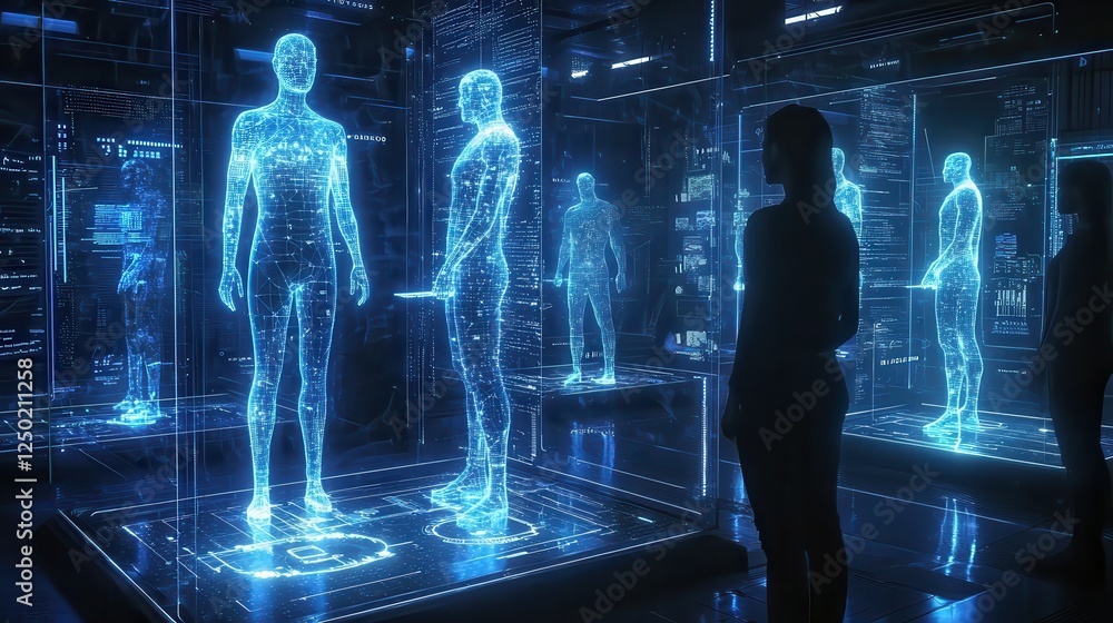 Poster technological innovation 3d visualization of futuristic human models in a digital lab
