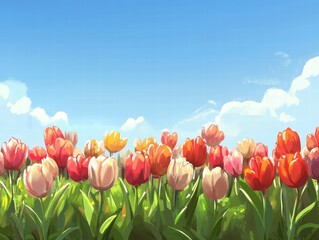 Vibrant Tulips in a Bright Sunny Day Over a Field Under Blue Sky
