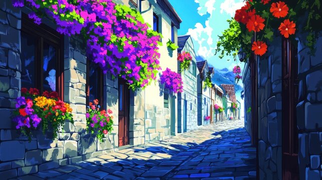 Charming European Street Scene with Vibrant Floral Displays and Stone Paving