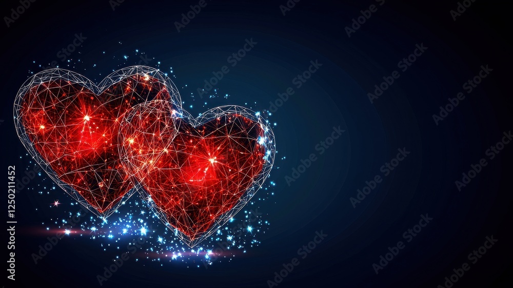 Poster two glowing hearts with abstract wireframe and sparkling effect