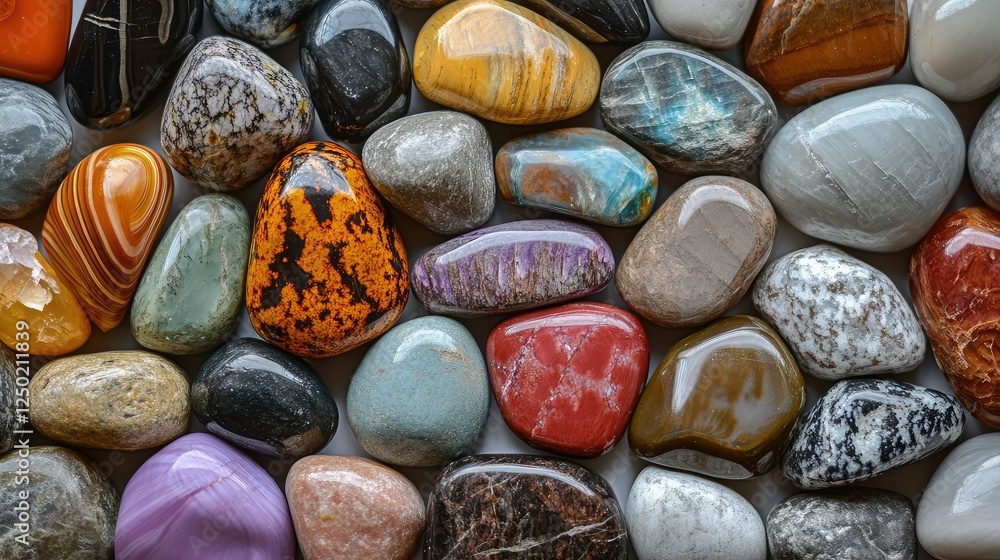 Poster a vibrant collection of colorful polished stones displaying diverse patterns and textures ideal for 