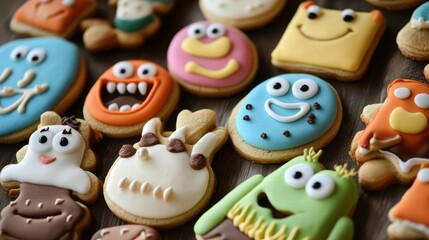 Colorful Cartoon Character Cookies on a Wooden Table Surface