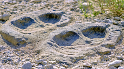 Close-up of ancient dinosaur footprints embedded in rocky terrain, surrounded by sparse vegetation,...