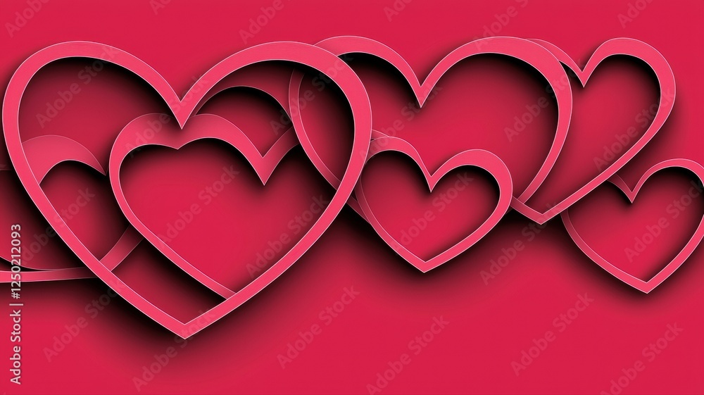 Poster abstract layered hearts on a vibrant red background for design