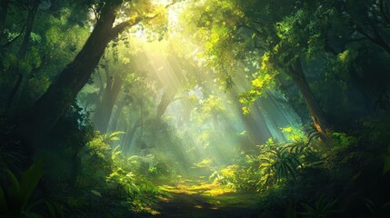 Sunlit Pathway through a Lush Green Forest Enchanted Woods with Beams of Light.