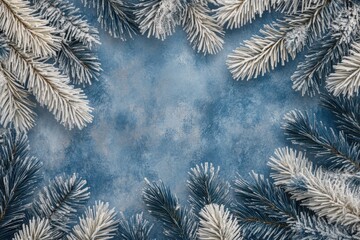 Frosty Pine Branches on Blue Textured Background - Christmas Holiday Frame