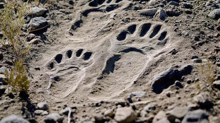 Close-up of ancient dinosaur footprints embedded in rocky terrain, surrounded by sparse vegetation, showcasing texture and depth. Prehistoric fossil tracks in natural environment, paleontology and geo