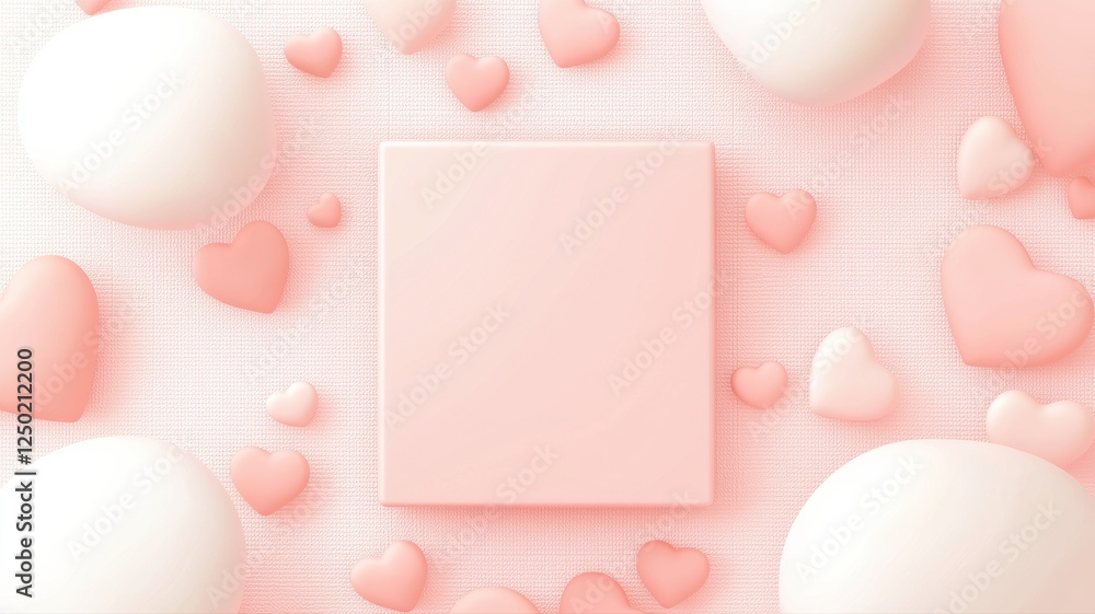 Poster Soft Pink Background with Hearts and Empty Square for Display