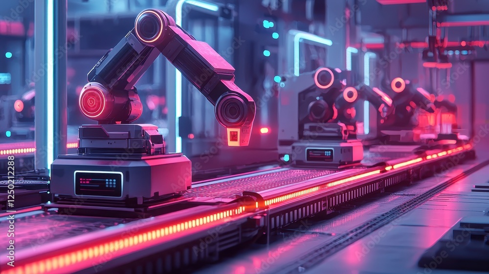 Poster advanced robotics in manufacturing factory high-tech environment futuristic viewpoint
