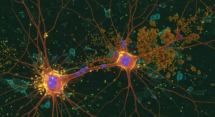 Neurons interacting with amyloid plaques in alzheimers disease illustration