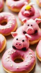 Obraz premium Cheerful Decorated Donuts Featuring Cute Pink Farm Animals Design