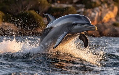 Obraz premium Dolphin leaping, ocean sunset background, wildlife scene, possible stock photo use