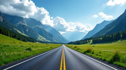 Fototapeta premium Asphalt road leading through a picturesque mountain valley with lush green meadows under a bright sunny sky