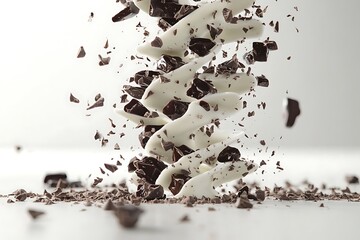 A cascading arrangement of white and dark chocolate, resembling a chocolate waterfall on a white surface.