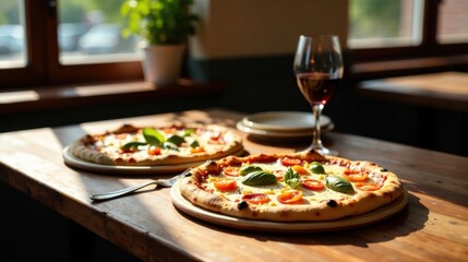 Delicious wood-fired pizzas with fresh basil and sun-drenched tomatoes, accompanied by a glass of red wine