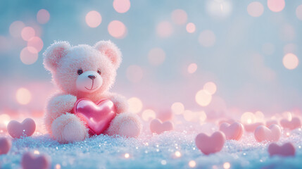Fototapeta premium A cute teddy bear holding a heart amidst a dreamy pastel background with soft lighting.