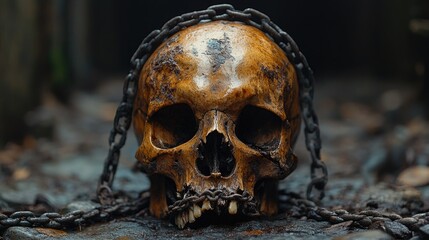 A weathered skull with chains resting on rocky ground in a dimly lit forest setting