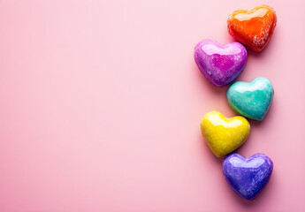 Obraz premium Colorful, cute heart-shaped pattern on a pink background, top view. Love concept for a Happy Mother's Day or Valentine's Day greeting card design. Flat lay, top view, with copy space. Bright 