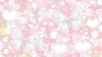 Delicate Butterflies and Hearts on a Soft Pink Background Design