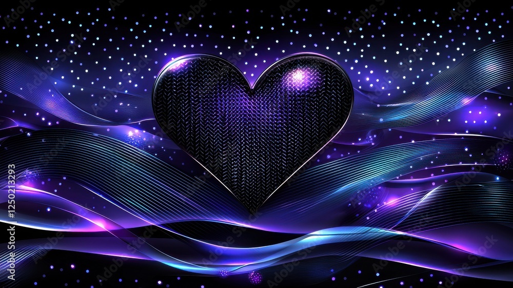 Poster elegant purple heart with wave patterns and sparkling background