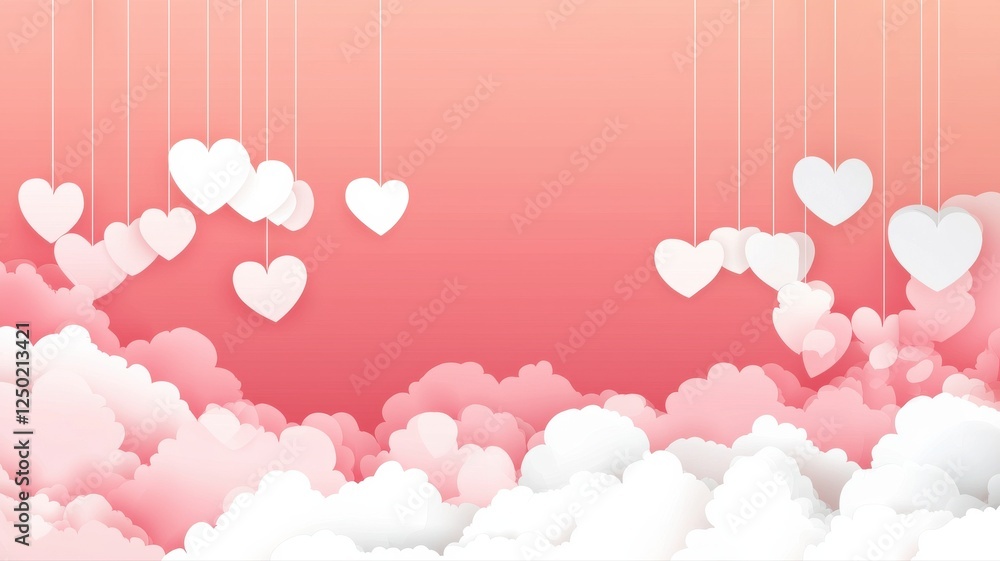 Poster Whimsical Hanging Hearts with Soft Clouds on Gradient Background