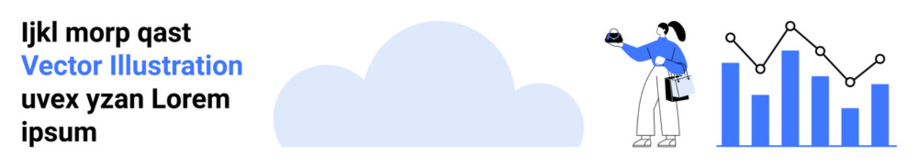 Woman holding clipboard, pointing at blue bar and line chart next to a cloud. Ideal for data analysis, cloud computing, digital trends, business stats, research, education, flat landing page banner